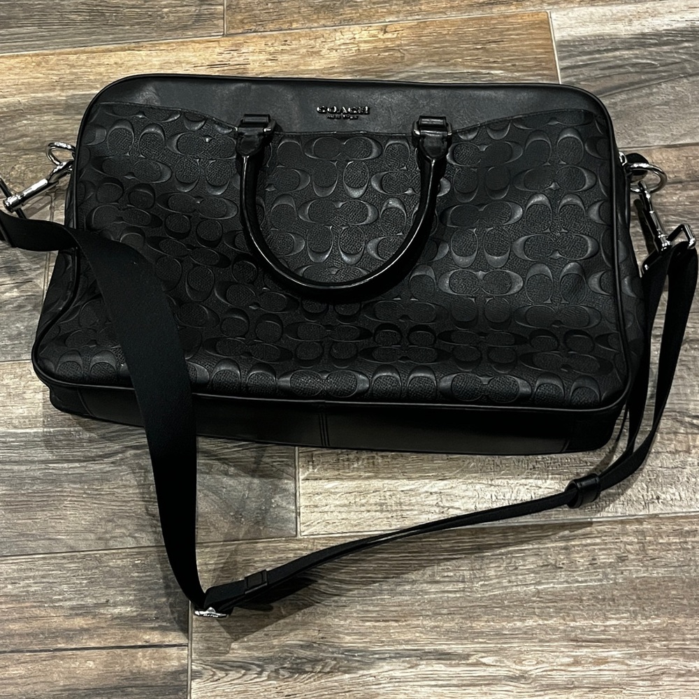 Coach Perry Slim Briefcase in Signature Black Leather with Shoulder Strap